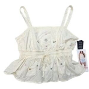 Celebrity Pink Embroidered Peplum Tank Top Cream White Square Neck Drawstring XL